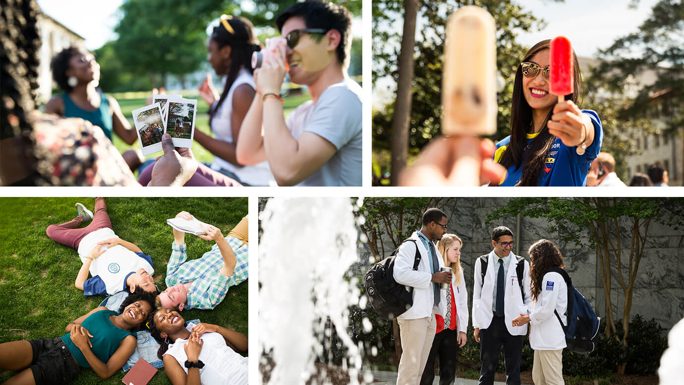 This photo collage features Emory's diverse student body socializing with each other.