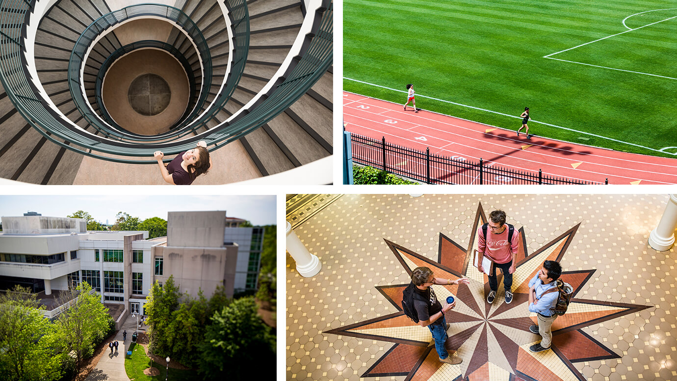 This photo collage features interior and exterior Emory architecture.