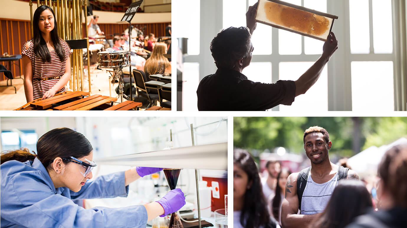 This photo collage features Emory students, faculty, staff, and associates engaging in academic pursuits.